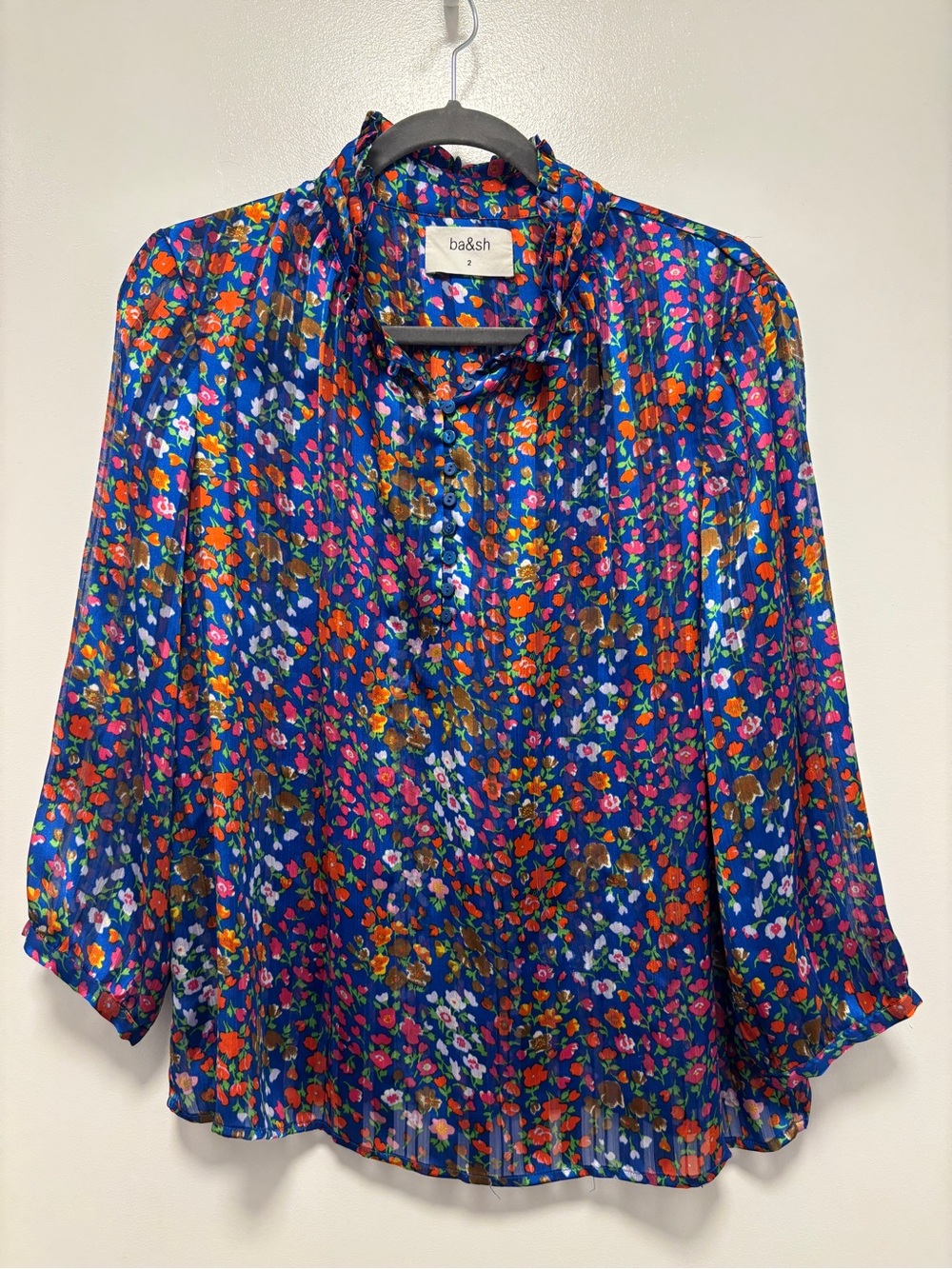 Ba&sh silk floral ruffle neck blouse
